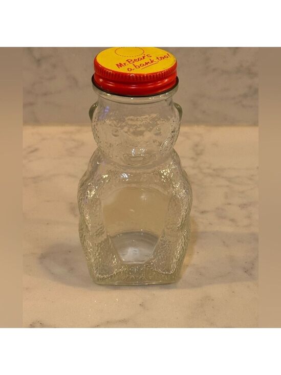 Other - Vintage Clear Glass Mr. Bear Jar with Red Lid